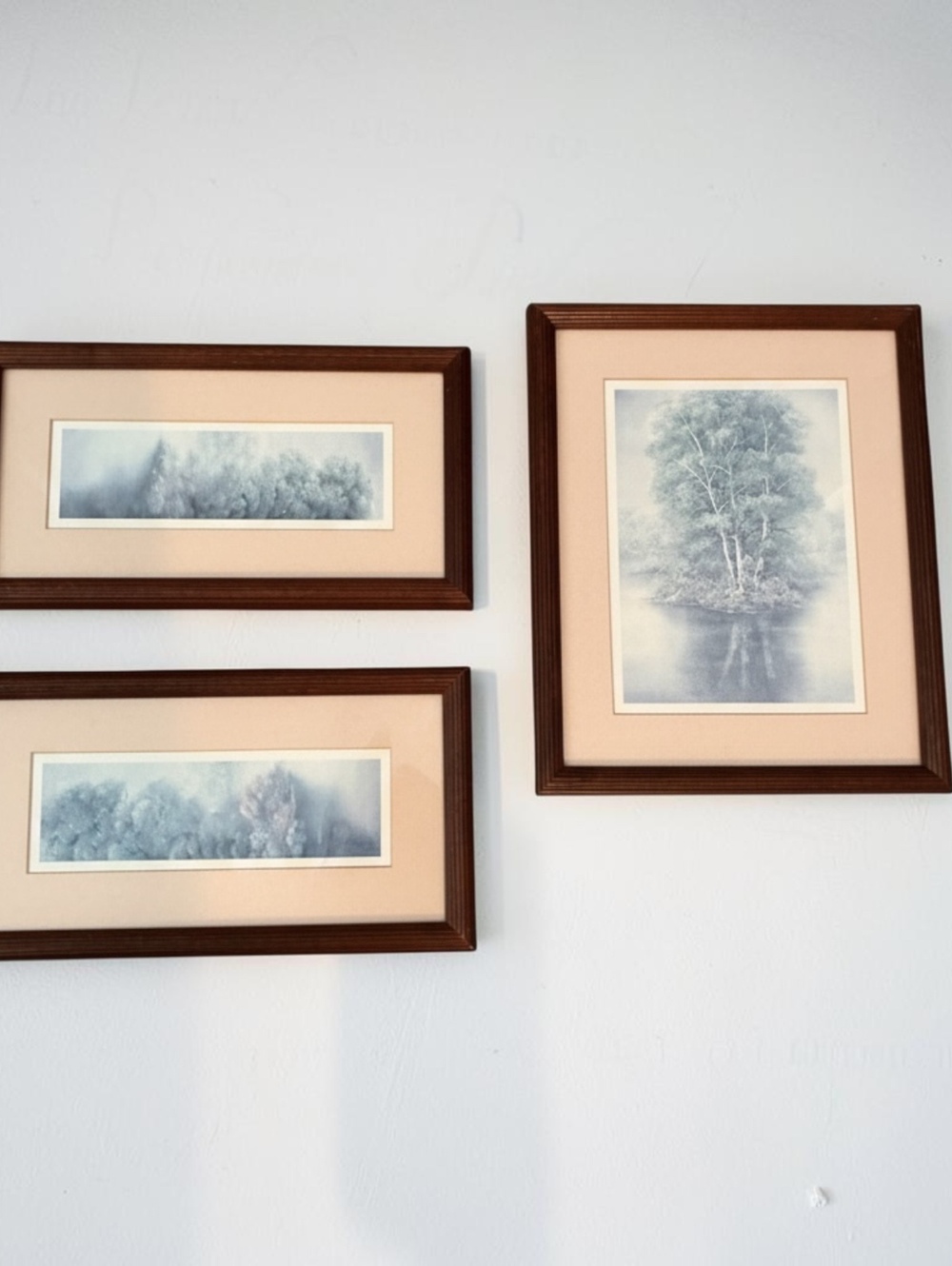 Vintage Framed Landscape Art Set of 3 Blue Gray Trees Wood Cottage Wall Decor
